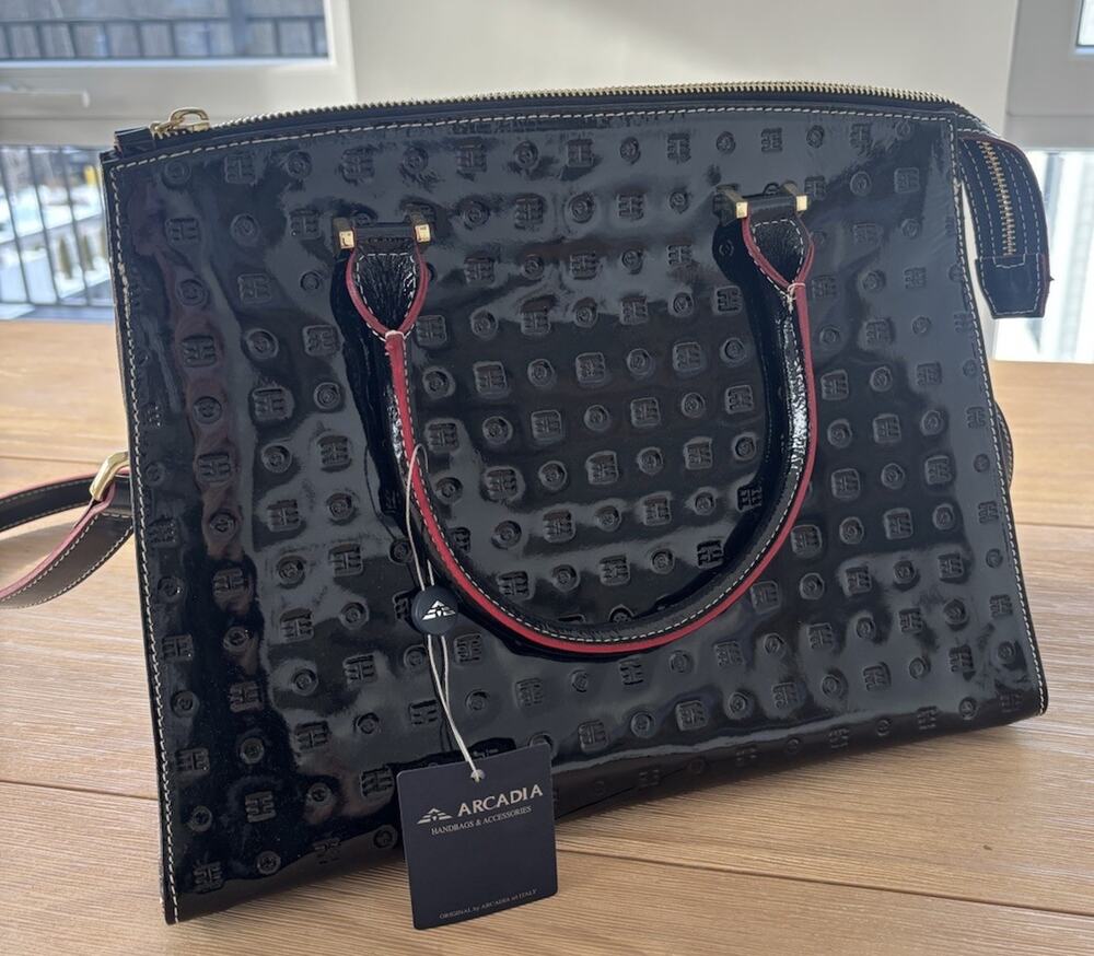 NWT Arcadia 1382 Italian Satchel Black Genuine Patent Leather & Python Accents